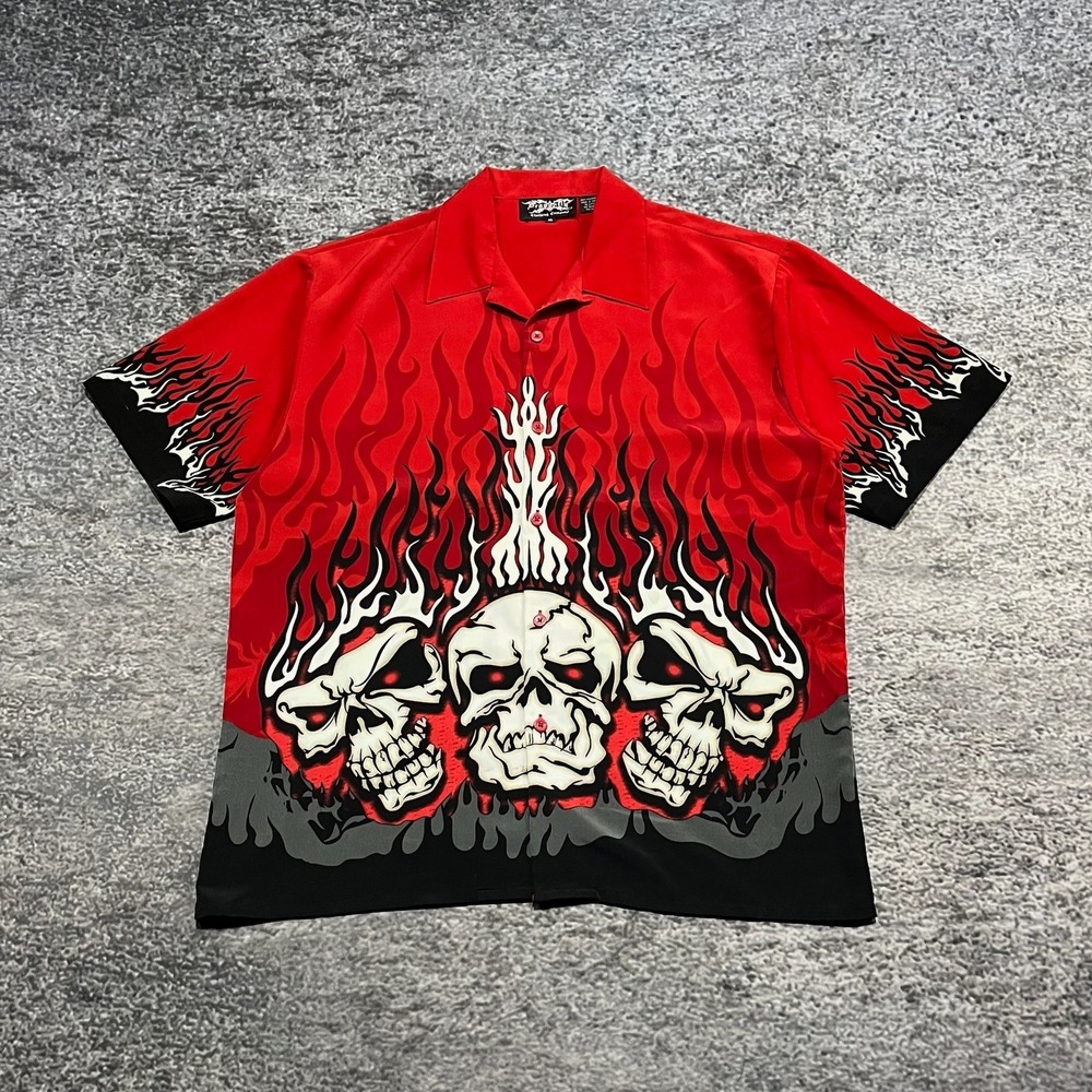 Vintage‎ Y2K Dragonfly Button Up Shirt Mens XL Black Red Grunge Skull Flames